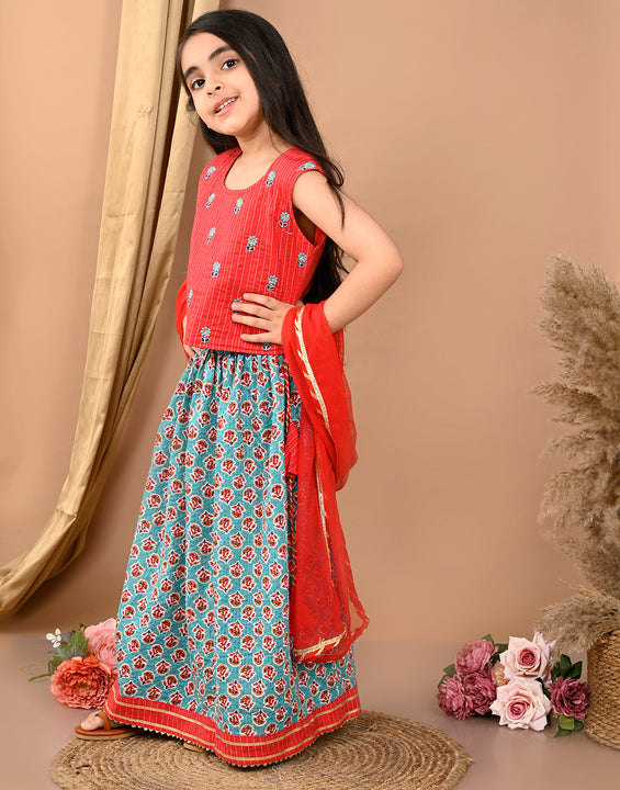 Blue katha floral printed Lehenga with sleeveless embroidered top and dupatta
