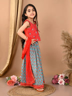 Blue katha floral printed Lehenga with sleeveless embroidered top and dupatta
