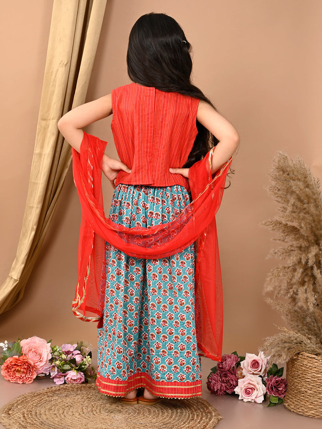 Blue katha floral printed Lehenga with sleeveless embroidered top and dupatta