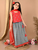 Blue katha floral printed Lehenga with sleeveless embroidered top and dupatta