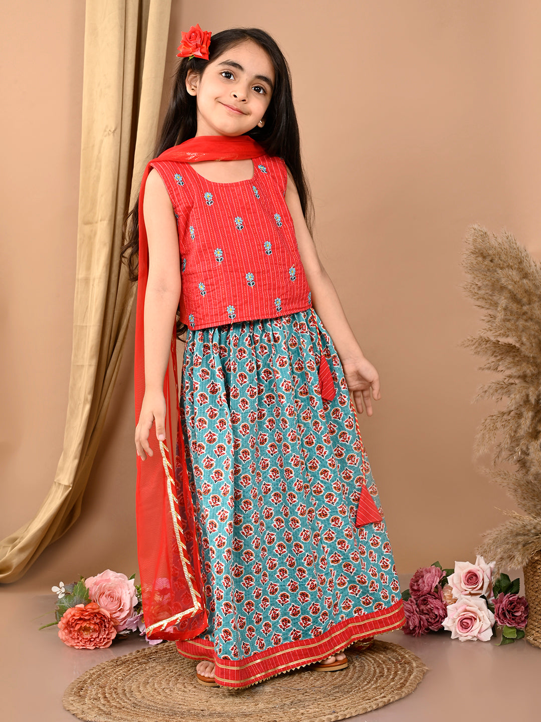 Blue katha floral printed Lehenga with sleeveless embroidered top and dupatta