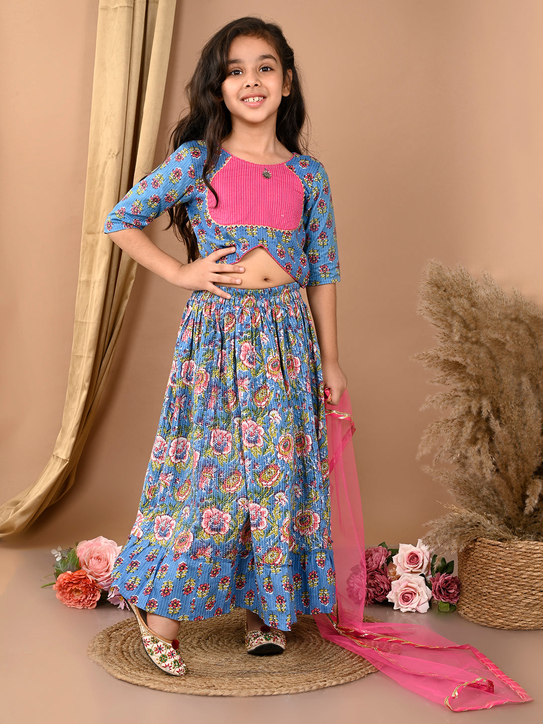 Blue katha floral printed Lehenga with half sleeves lace work top and dupatta