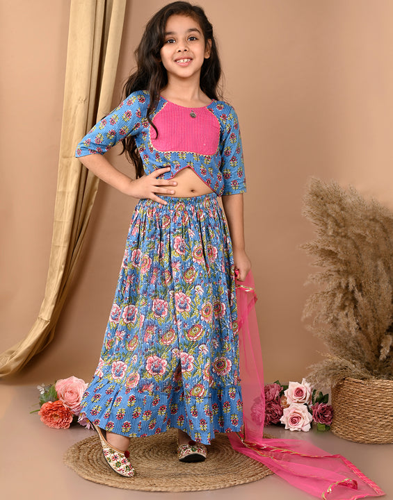 Blue katha floral printed Lehenga with half sleeves lace work top and dupatta