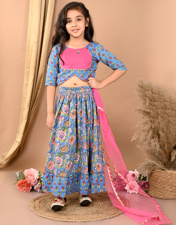 Blue katha floral printed Lehenga with half sleeves lace work top and dupatta