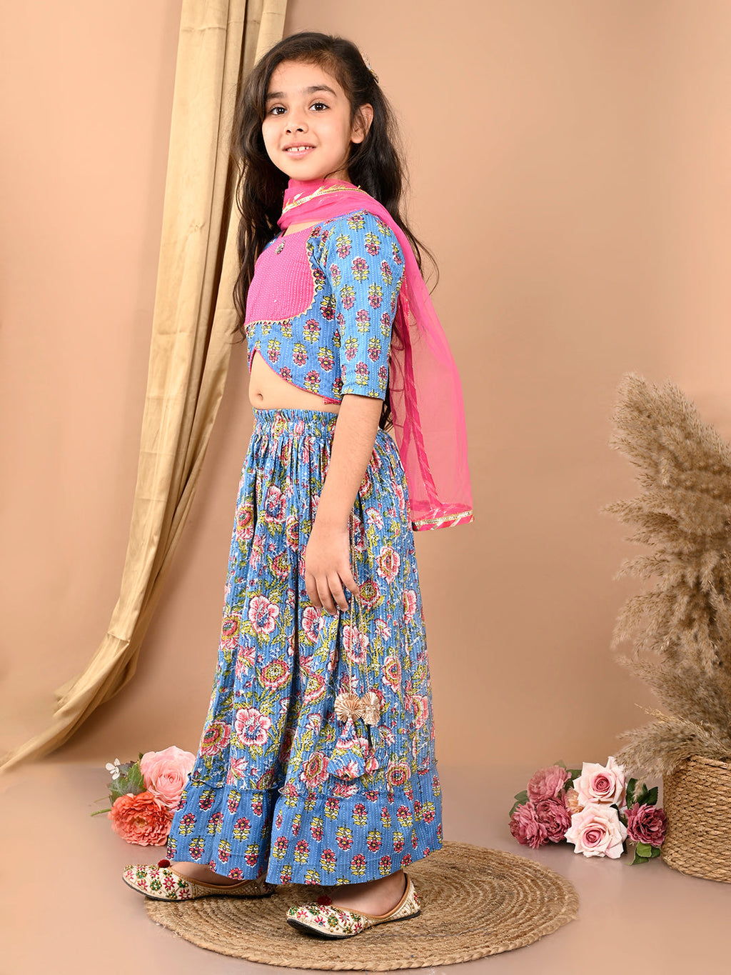 Blue katha floral printed Lehenga with half sleeves lace work top and dupatta