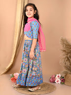 Blue katha floral printed Lehenga with half sleeves lace work top and dupatta