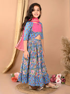 Blue katha floral printed Lehenga with half sleeves lace work top and dupatta