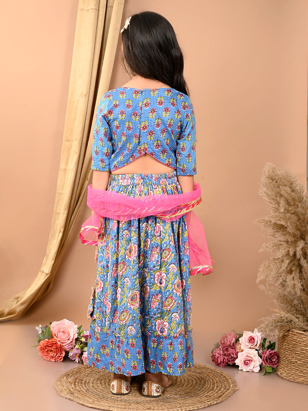 Blue katha floral printed Lehenga with half sleeves lace work top and dupatta
