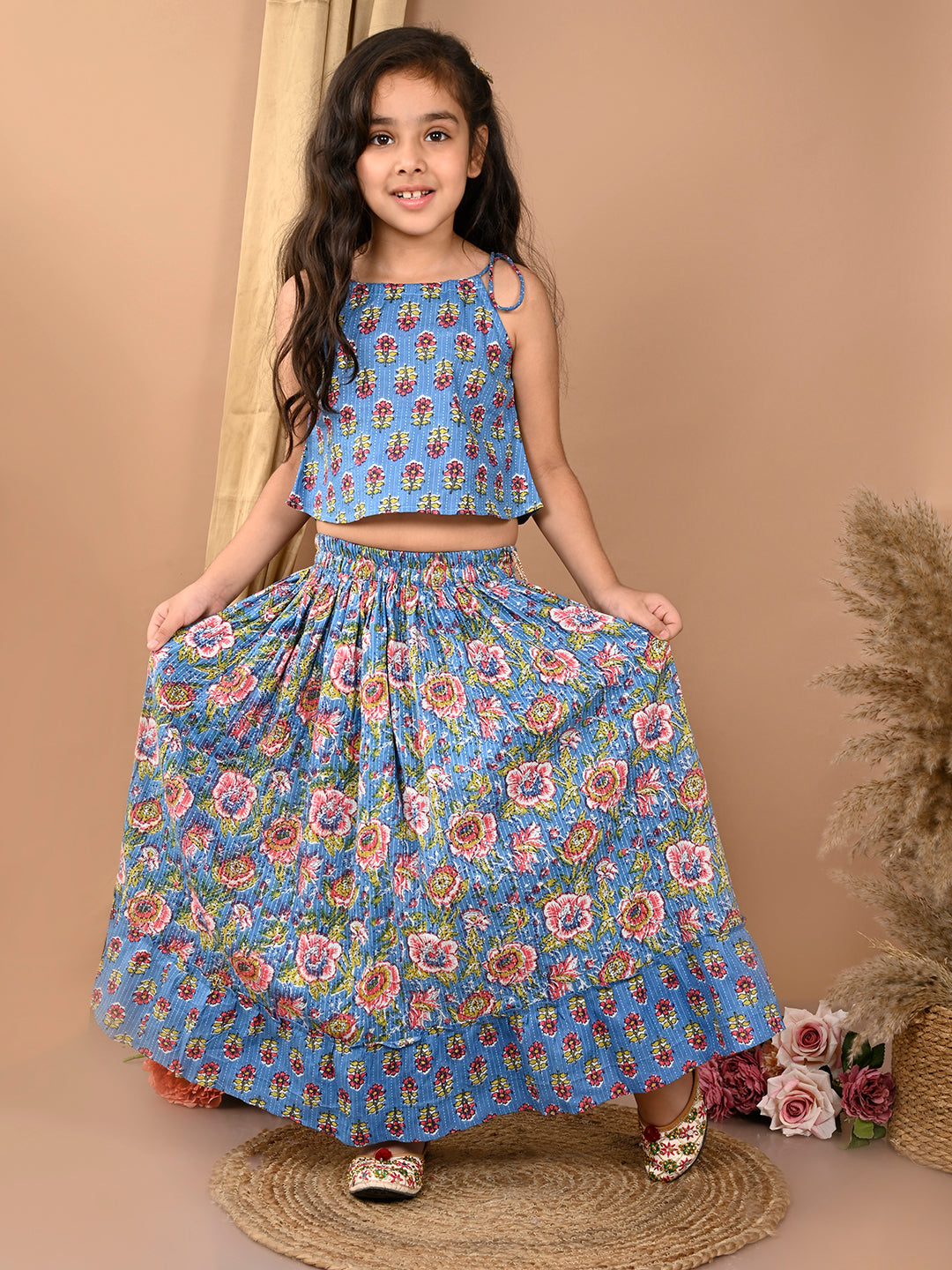Blue katha printed Lehenga with sleeveless tie on top