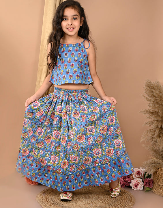 Blue katha printed Lehenga with sleeveless tie on top
