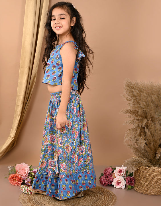 Blue katha printed Lehenga with sleeveless tie on top