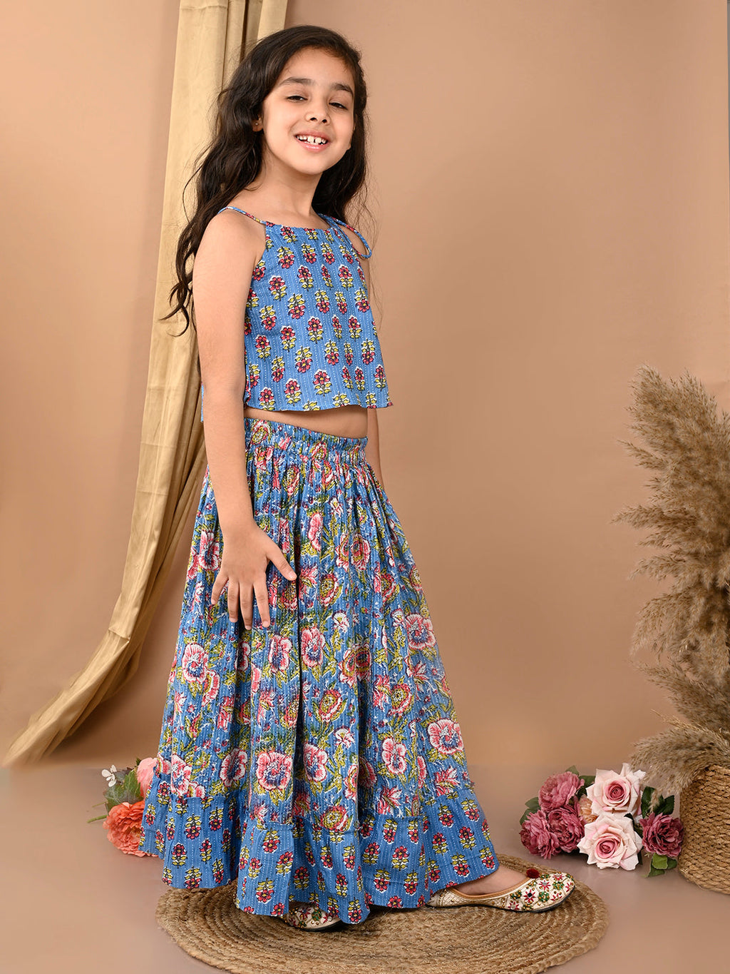 Blue katha printed Lehenga with sleeveless tie on top