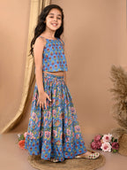Blue katha printed Lehenga with sleeveless tie on top