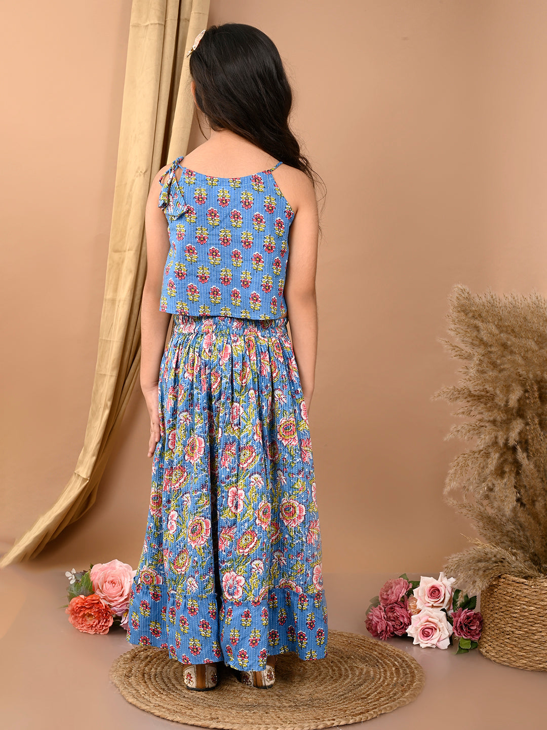 Blue katha printed Lehenga with sleeveless tie on top