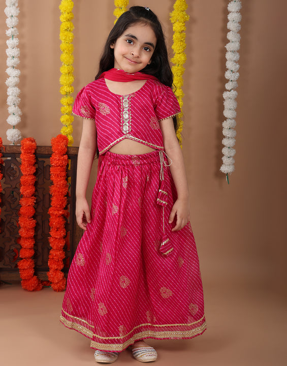 Pink Kota Lehenga with half sleeves lace work top and dupatta