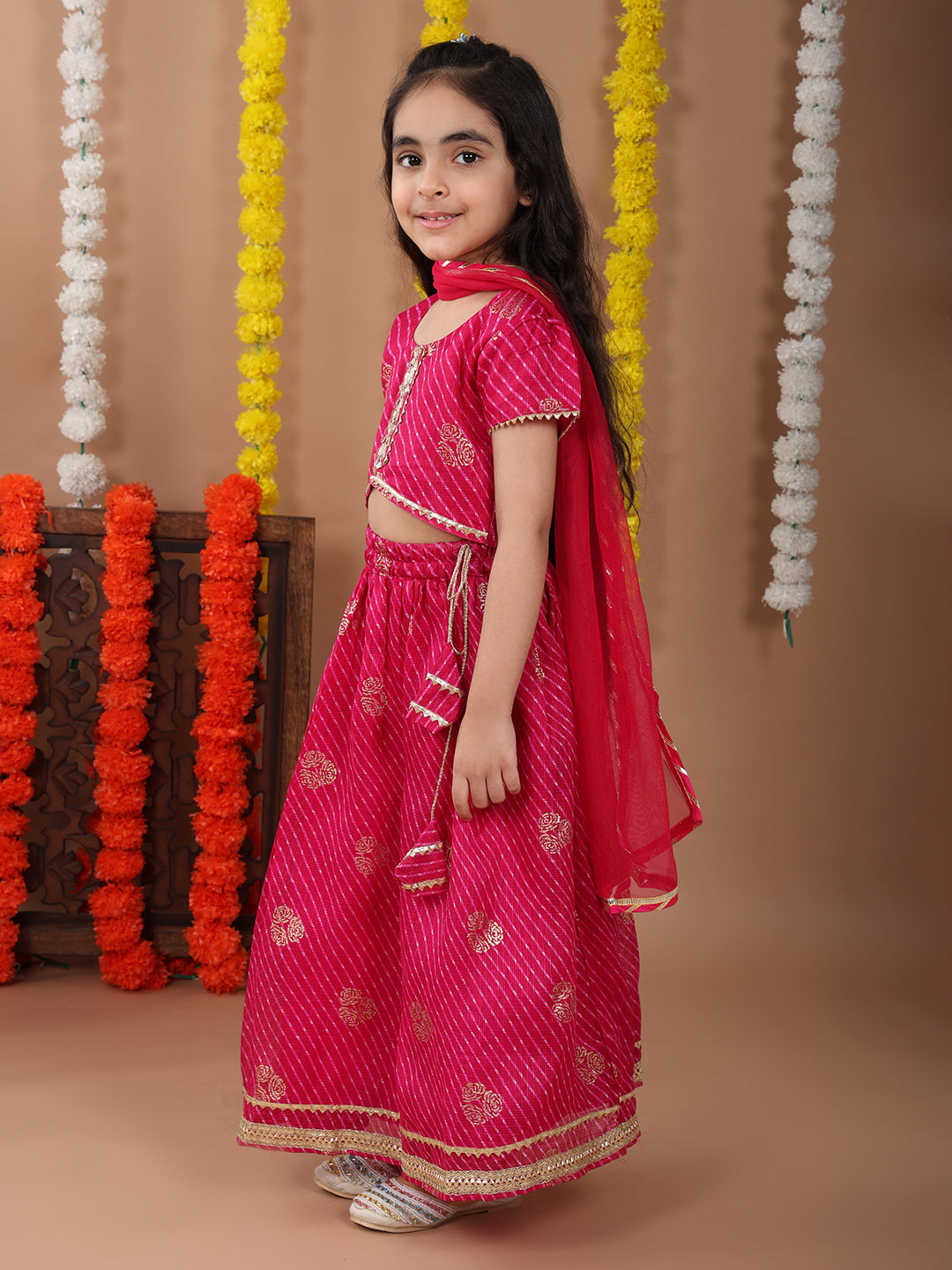Pink Kota Lehenga with half sleeves lace work top and dupatta