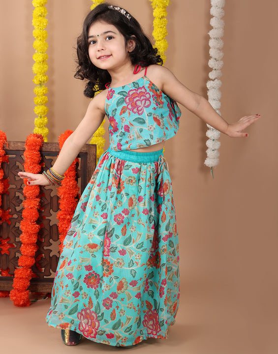 Blue Kota printed Lehenga with sleeveless tie on top