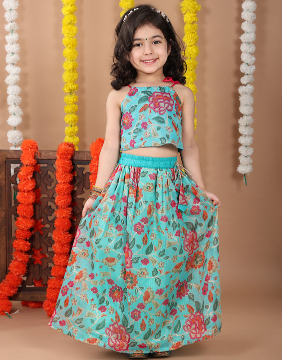 Blue Kota printed Lehenga with sleeveless tie on top