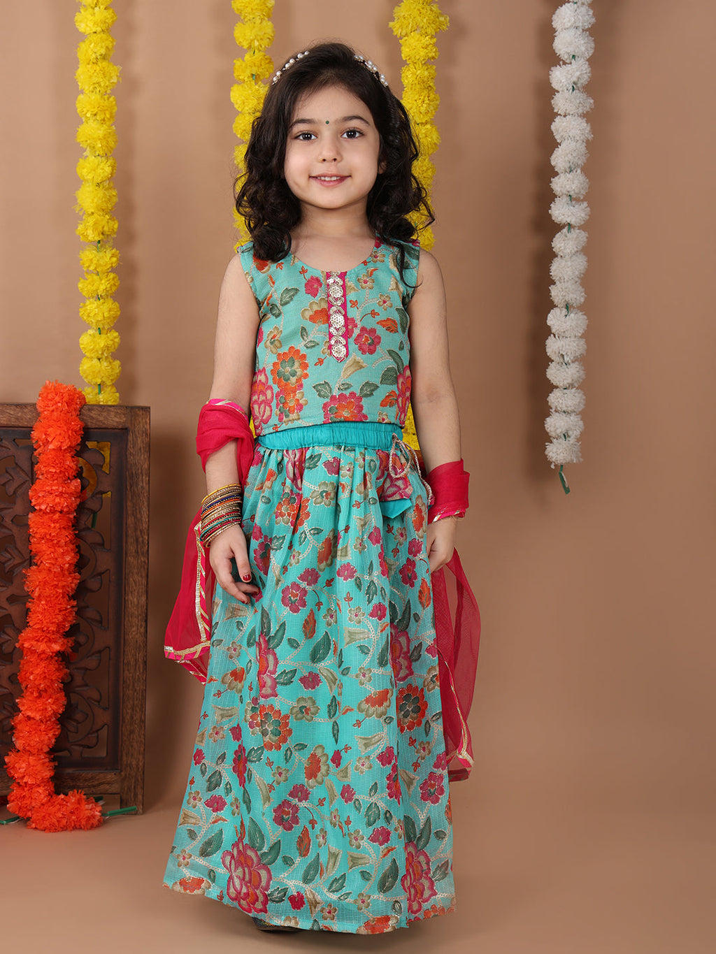 Blue Kota printed Lehenga with sleeveless lace work top and dupatta