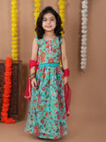Blue Kota printed Lehenga with sleeveless lace work top and dupatta