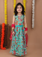 Blue Kota printed Lehenga with sleeveless lace work top and dupatta
