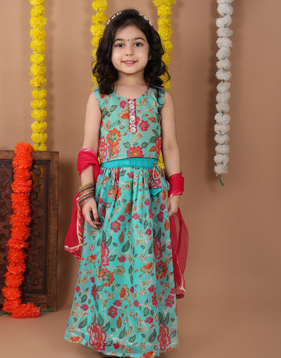 Blue Kota printed Lehenga with sleeveless lace work top and dupatta