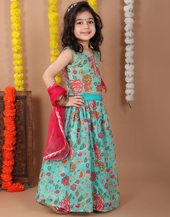 Blue Kota printed Lehenga with sleeveless lace work top and dupatta