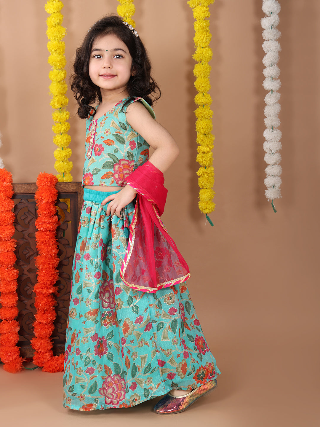 Blue Kota printed Lehenga with sleeveless lace work top and dupatta