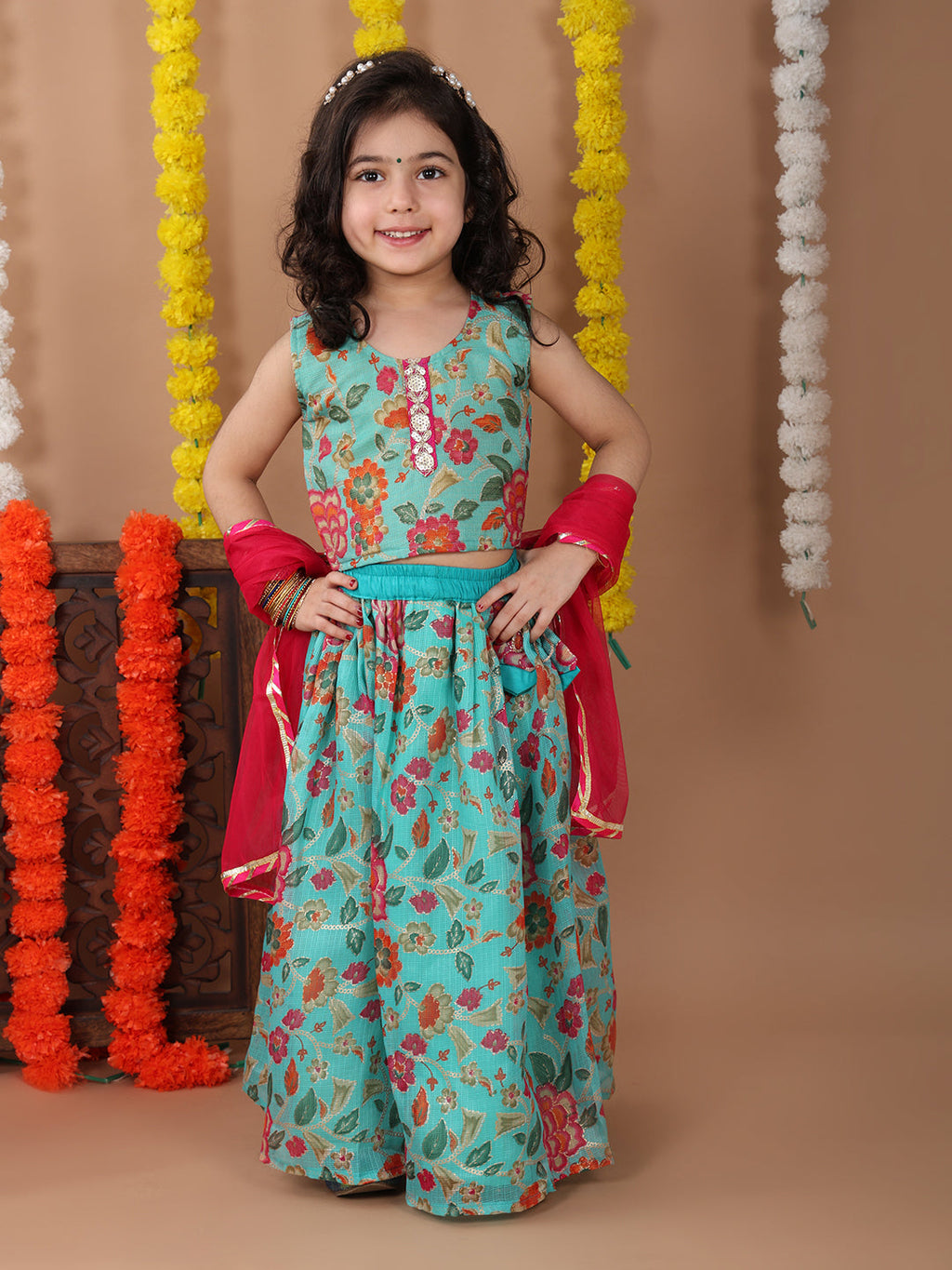 Blue Kota printed Lehenga with sleeveless lace work top and dupatta