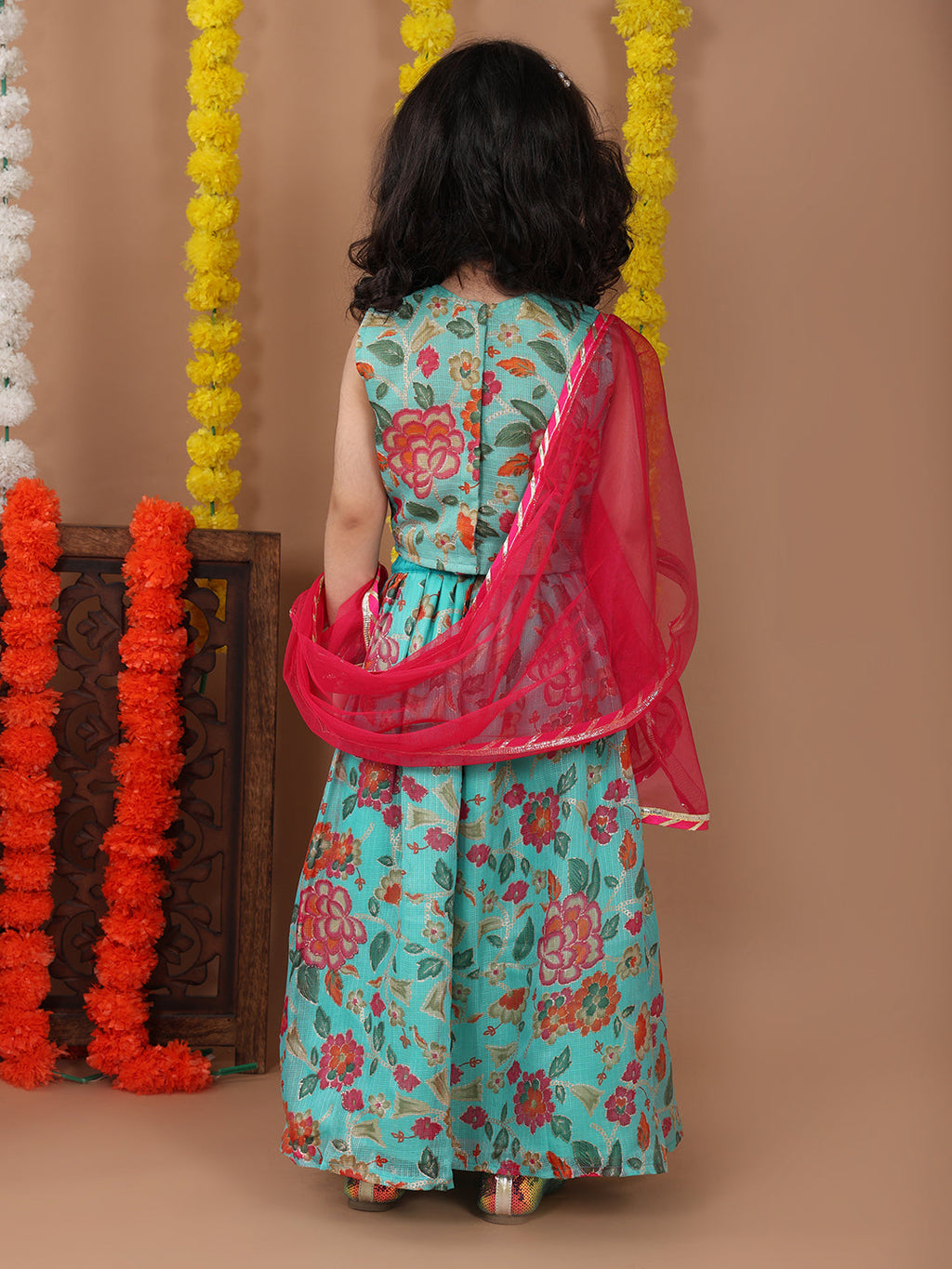 Blue Kota printed Lehenga with sleeveless lace work top and dupatta