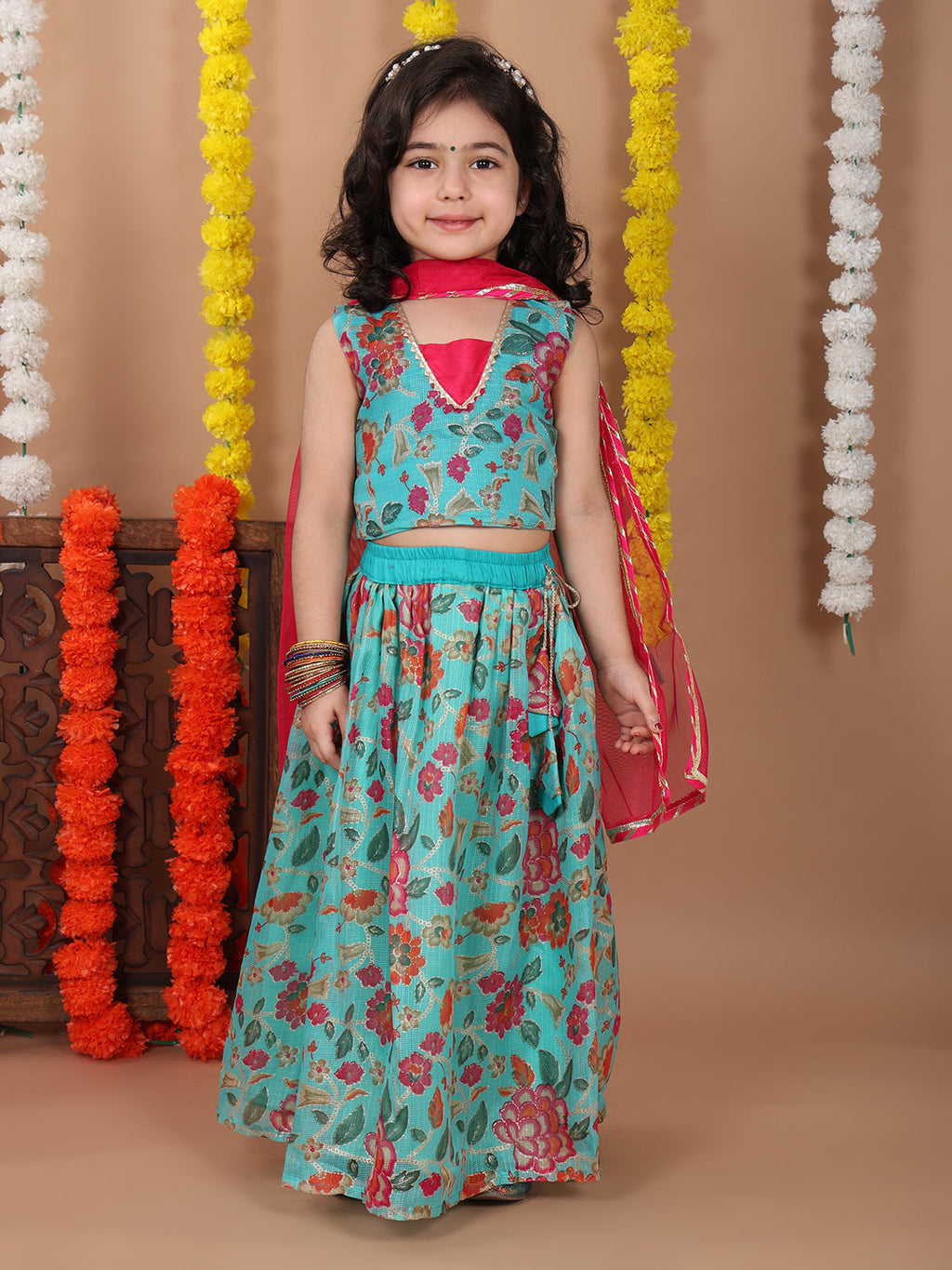 Blue Kota printed Lehenga with sleeveless patch work top and dupatta