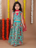 Blue Kota printed Lehenga with sleeveless patch work top and dupatta