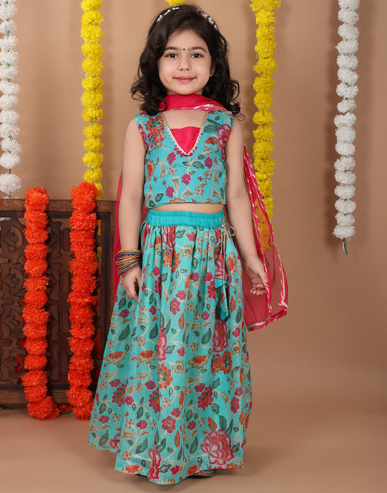 Blue Kota printed Lehenga with sleeveless patch work top and dupatta