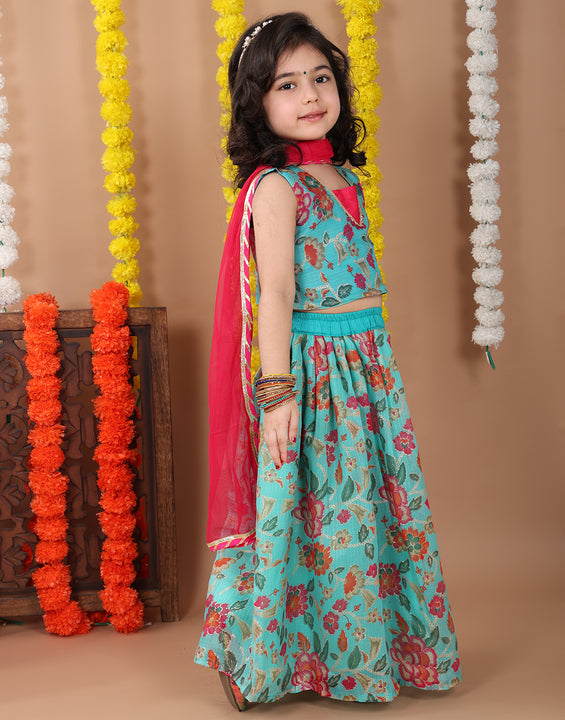 Blue Kota printed Lehenga with sleeveless patch work top and dupatta