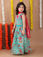 Blue Kota printed Lehenga with sleeveless patch work top and dupatta