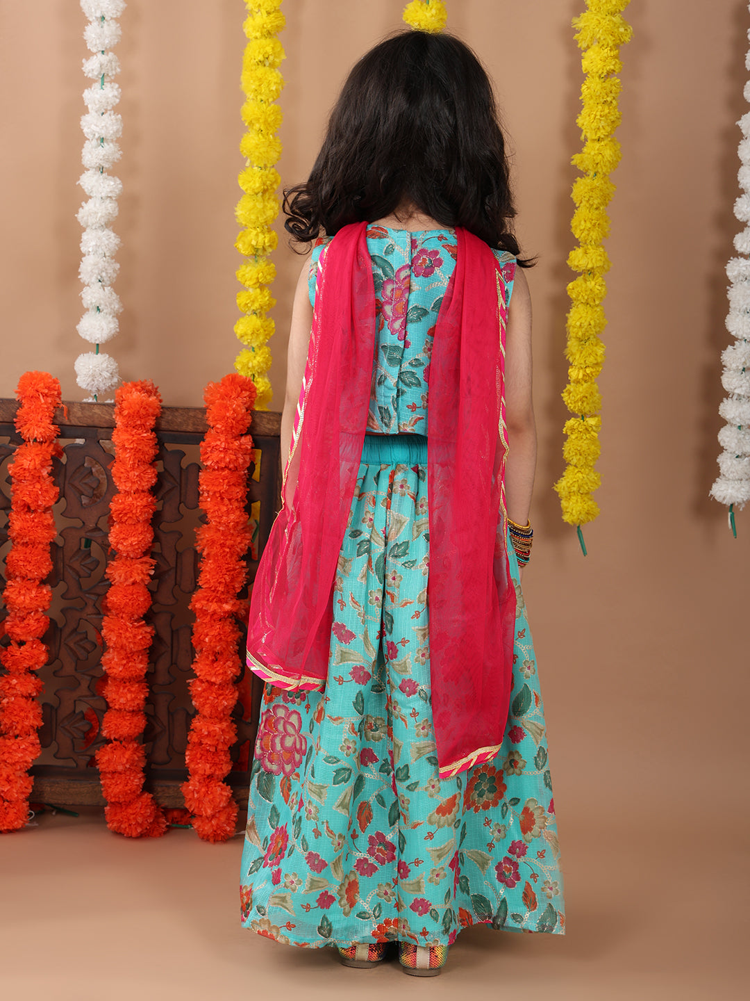 Blue Kota printed Lehenga with sleeveless patch work top and dupatta