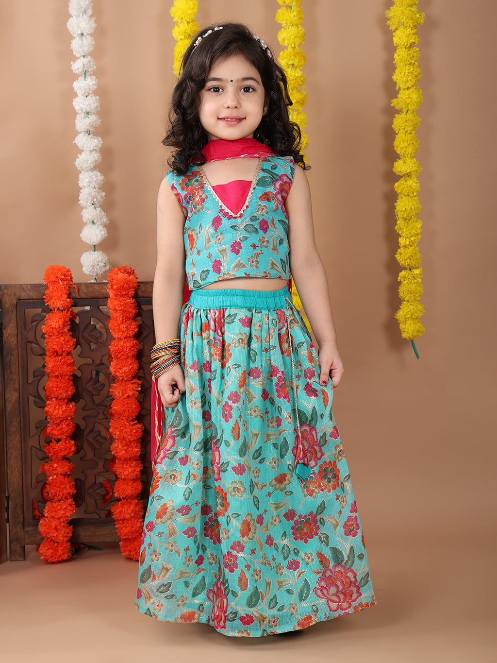Blue Kota printed Lehenga with sleeveless patch work top and dupatta
