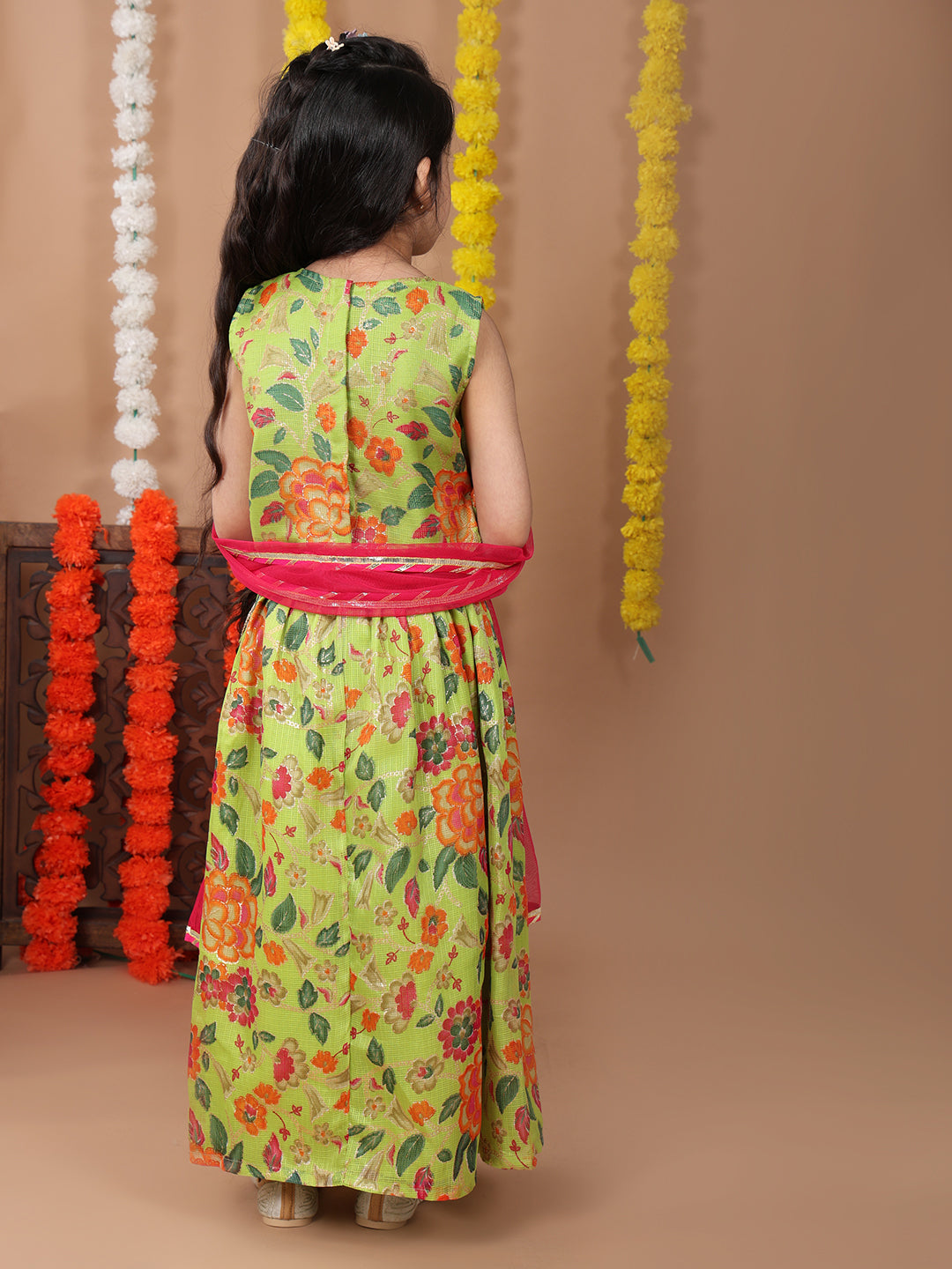 Green Kota printed Lehenga with sleeveless lace work top and dupatta