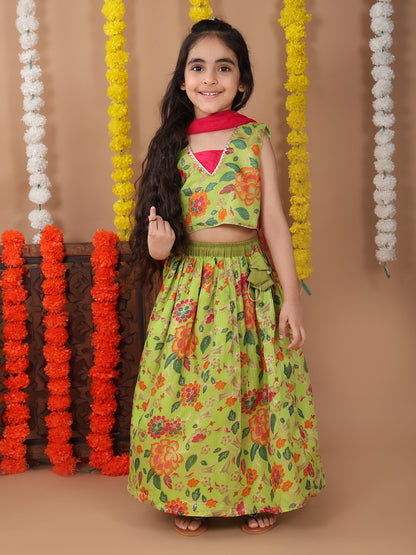 Green Kota printed Lehenga with sleeveless patch work top and dupatta