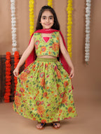Green Kota printed Lehenga with sleeveless patch work top and dupatta