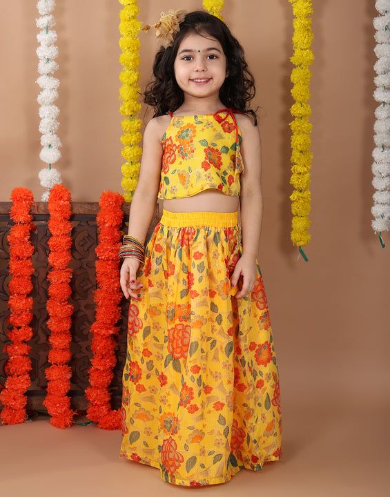 Yellow Kota printed Lehenga with sleeveless tie on top