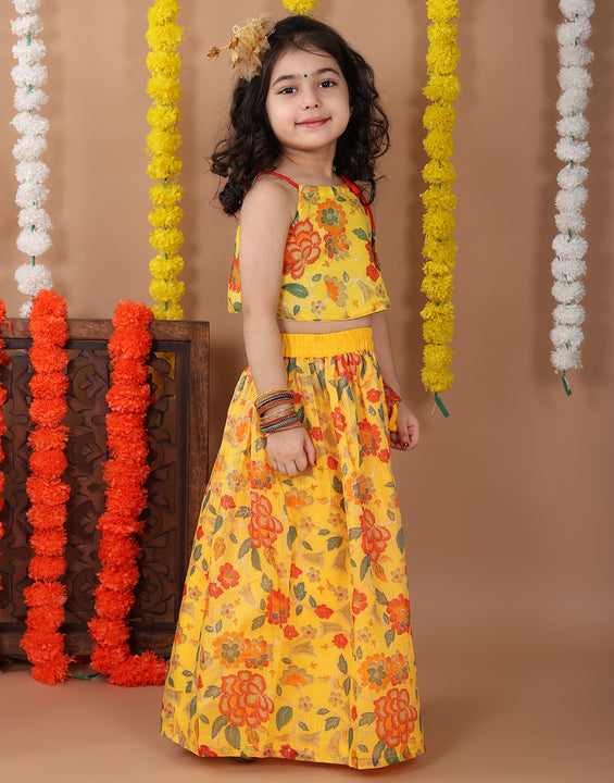 Yellow Kota printed Lehenga with sleeveless tie on top