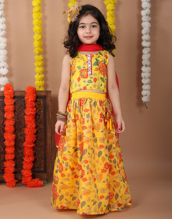 Yellow Kota printed Lehenga with sleeveless lace work top and dupatta