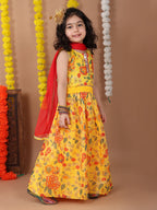 Yellow Kota printed Lehenga with sleeveless lace work top and dupatta