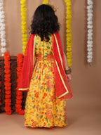 Yellow Kota printed Lehenga with sleeveless patch work top and dupatta