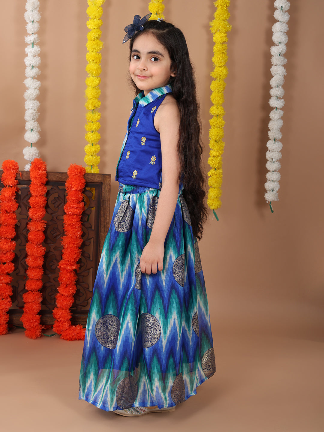 Blue Kota printed Lehenga with sleeveless embroidered tie on top