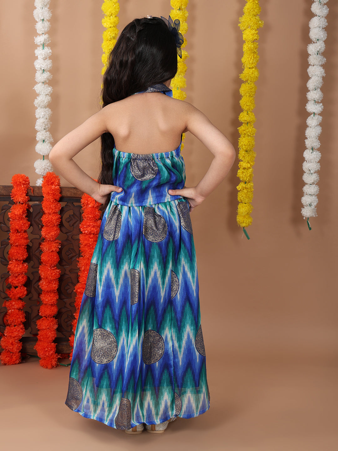 Blue Kota printed Lehenga with sleeveless embroidered tie on top