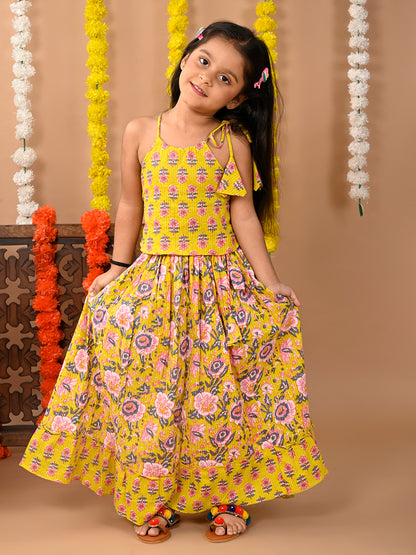 Yellow Cotton printed Lehenga with sleeveless tie on top