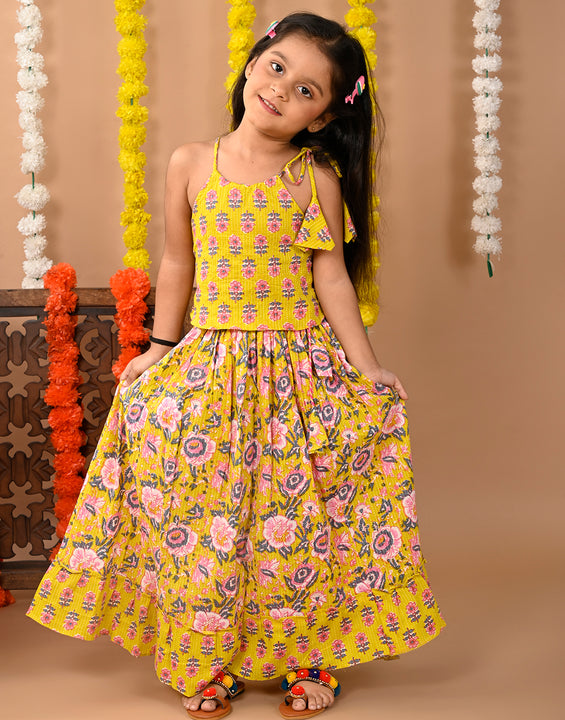 Yellow Cotton printed Lehenga with sleeveless tie on top