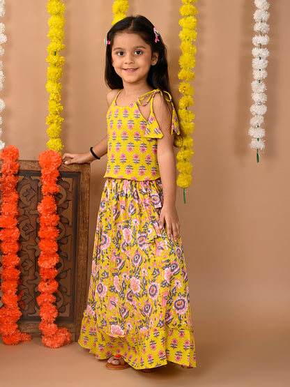 Yellow Cotton printed Lehenga with sleeveless tie on top